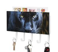 DWTJKMS Portachiavi da parete con pantera con occhi azzurri, supporto da parete in stile fattoria con 5 ganci, portachiavi da appendere per ingresso o atrio, 18 cm di larghezza x 4,3 cm di altezza
