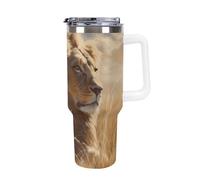 DWTJKMS Prairie Lion - Bicchiere in acciaio inox da 1,18 l, a prova di perdite, grande capacità, con manico, cannuccia a doppia parete, isolamento sottovuoto, riutilizzabile, mantiene freddo o caldo