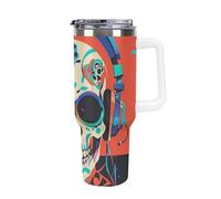 DWTJKMS Punk Rock Auricolari Skull Bicchiere in acciaio inox 1,18 once a prova di perdite Grande Capacità Tazza per auto con manico Cannuccia Doppia Parete Vuoto Isolato Tazza Riutilizzabile Mantiene
