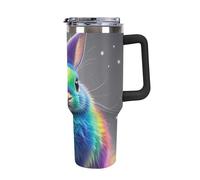 DWTJKMS Rainbow Rabbit - Bicchiere in acciaio inox da 1,18 l, a prova di perdite, grande capacità, con manico, cannuccia a doppia parete, isolamento sottovuoto, riutilizzabile, mantiene freddo o caldo