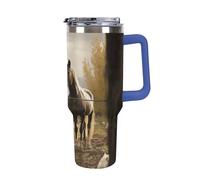 DWTJKMS Recinto e cavallo in acciaio inox Tumbler 1,18 once a prova di perdite grande capacità tazza auto con manico paglia doppia parete sottovuoto tazza riutilizzabile mantiene freddo o caldo