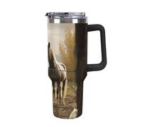 DWTJKMS Recinto e cavallo in acciaio inox Tumbler 1,18 once a prova di perdite grande capacità tazza auto con manico paglia doppia parete sottovuoto tazza riutilizzabile mantiene freddo o caldo stile