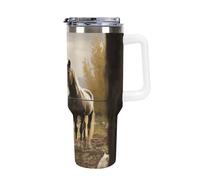 DWTJKMS Recinto e cavallo in acciaio inox Tumbler 1,18 once a prova di perdite grande capacità tazza auto con manico paglia doppia parete sottovuoto tazza isolante riutilizzabile mantiene freddo o