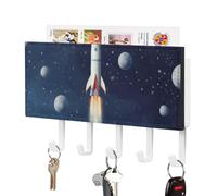 DWTJKMS Rocket in Space Portachiavi da parete, stile fattoria, montaggio a parete con 5 ganci, decorazione da parete per ingresso o atrio, 18 cm di larghezza x 4,3 cm di altezza