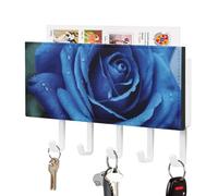 DWTJKMS Romantico portachiavi a forma di rosa blu per parete, stile fattoria, montaggio a parete con 5 ganci, nuovo portachiavi da appendere per ingresso o atrio, 18 cm di larghezza x 4,3 cm di