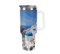 DWTJKMS Santorini - Bicchiere in acciaio inox con vista sul mare, a prova di perdite, grande capacità, con manico e cannuccia, a doppia parete, riutilizzabile, mantiene freddo o caldo
