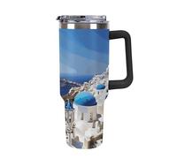 DWTJKMS Santorini - Bicchiere in acciaio inox con vista sul mare, a prova di perdite, grande capacità, con manico e cannuccia, a doppia parete, riutilizzabile, mantiene freddo o caldo, stile nero