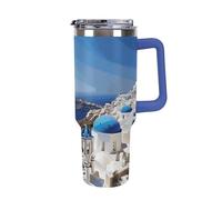 DWTJKMS Santorini - Bicchiere in acciaio inox con vista sul mare, a prova di perdite, grande capacità, con manico e cannuccia, a doppia parete, riutilizzabile, mantiene freddo o caldo, stile blu scuro