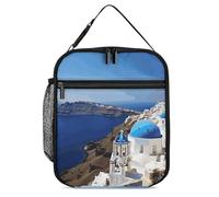 DWTJKMS Santorini - Borsa termica per il pranzo con isola greca, vista mare, a prova di perdite, per uomini e donne, con manico, riutilizzabile, isolata, per ufficio, lavoro, picnic