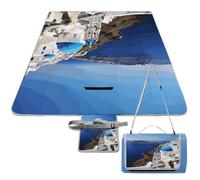 DWTJKMS Santorini - Tappetino da picnic con vista sul mare, pieghevole, impermeabile, con borsa per la spesa, grande, 147,3 x 147,3 cm, coperta da campeggio per spiaggia, parco, viaggi