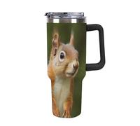 DWTJKMS Scoiattolo in acciaio inox da 1,18 l, a prova di perdite, grande capacità, tazza per auto con manico e cannuccia, a doppia parete, riutilizzabile, mantiene freddo o caldo, stile nero
