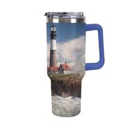 DWTJKMS Sea Lighthouse - Bicchiere da auto in acciaio inox, a prova di perdite, grande capacità, con manico, cannuccia a doppia parete, riutilizzabile, mantiene freddo o caldo, stile blu scuro