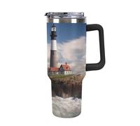 DWTJKMS Sea Lighthouse, bicchiere in acciaio inox da 1,18 l, a prova di perdite, grande capacità, con manico, cannuccia a doppia parete, isolamento sottovuoto, riutilizzabile, mantiene freddo o caldo