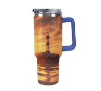 DWTJKMS Sea Lighthouse in Sunset Bicchiere in acciaio inox da 1,18 l, a prova di perdite, grande capacità, tazza per auto con manico e cannuccia, a doppia parete, riutilizzabile, mantiene freddo o