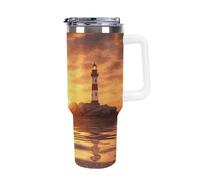 DWTJKMS Sea Lighthouse in Sunset Bicchiere in acciaio inox da 1,18 l, a prova di perdite, grande capacità, tazza per auto con manico e cannuccia, a doppia parete, riutilizzabile, mantiene freddo o