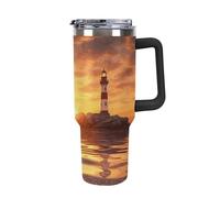 DWTJKMS Sea Lighthouse in Sunset - Bicchiere in acciaio inox da 1,18 l, a prova di perdite, grande capacità, con manico, cannuccia a doppia parete, isolamento sottovuoto, riutilizzabile, mantiene