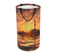 DWTJKMS Sea Lighthouse in Sunset Cesto portabiancheria pieghevole, con manici facili da trasportare, grande cesto portaoggetti per lavanderia, dormitorio, famiglia