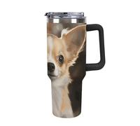 DWTJKMS Simpatico bicchiere in acciaio inox a forma di chihuahua, 1,18 l, a prova di perdite, grande capacità, con manico, cannuccia a doppia parete, isolamento sottovuoto, riutilizzabile, mantiene