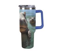 DWTJKMS Simpatico bicchiere in acciaio inox con ippopotami da 1,18 l, a prova di perdite, grande capacità, tazza per auto con manico e cannuccia, a doppia parete, riutilizzabile, mantiene freddo o