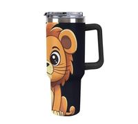 DWTJKMS Simpatico bicchiere in acciaio inox con leone in stile cartone animato, a prova di perdite, grande capacità, con manico, cannuccia a doppia parete, riutilizzabile, mantiene freddo o caldo