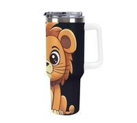 DWTJKMS Simpatico bicchiere in acciaio inox con leone in stile cartone animato, a prova di perdite, grande capacità, con manico, a doppia parete, sottovuoto, riutilizzabile, mantiene freddo o caldo in