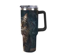 DWTJKMS Simpatico e adorabile gatto in acciaio inox, 1,18 l, a prova di perdite, grande capacità, tazza per auto con manico e cannuccia, a doppia parete, riutilizzabile, mantiene freddo o caldo, stile