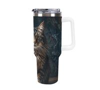 DWTJKMS Simpatico e adorabile gatto in acciaio inox Tumbler 1,18 once a prova di perdite grande capacità tazza auto con manico cannuccia doppia parete sottovuoto tazza isolante riutilizzabile mantiene