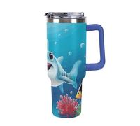 DWTJKMS Smiling Shark - Bicchiere in acciaio inox da 1,18 l, a prova di perdite, grande capacità, con manico, cannuccia a doppia parete, isolamento sottovuoto, riutilizzabile, mantiene freddo o caldo