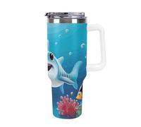 DWTJKMS Smiling Shark - Bicchiere in acciaio inox da 1,18 l, a prova di perdite, grande capacità, con manico, cannuccia a doppia parete, isolamento sottovuoto, riutilizzabile, mantiene freddo o caldo