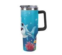 DWTJKMS Smiling Shark - Bicchiere in acciaio inox da 1,18 l, a prova di perdite, grande capacità, con manico, cannuccia a doppia parete, isolamento sottovuoto, riutilizzabile, mantiene freddo o caldo