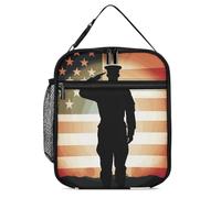 DWTJKMS Soldier Saluting America Flag Borsa termica per il pranzo, a prova di perdite, per uomini e donne, con manico, riutilizzabile, isolata, per ufficio, lavoro, picnic