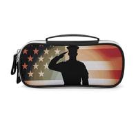 DWTJKMS Soldier Saluting America Flag Leather Makeup Bag Portatile Piccolo Organizzatore Cosmetico Impermeabile Borse Da Toilette Pennelli Matite E Viaggio Trucco Accessori