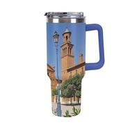 DWTJKMS Spanish Cities - Bicchiere da auto in acciaio inox, a prova di perdite, grande capacità, con manico, cannuccia a doppia parete, riutilizzabile, mantiene freddo o caldo, in stile blu scuro