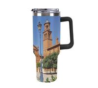 DWTJKMS Spanish Cities - Bicchiere da auto in acciaio inox, a prova di perdite, grande capacità, con manico, cannuccia a doppia parete, riutilizzabile, mantiene freddo o caldo, stile nero