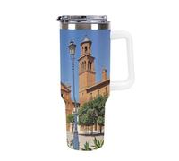 DWTJKMS Spanish Cities - Bicchiere da auto in acciaio inox, a prova di perdite, grande capacità, con manico, cannuccia a doppia parete, riutilizzabile, mantiene freddo o caldo in stile bianco