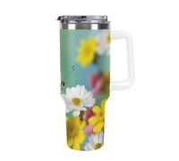 DWTJKMS Spring Butterfly - Bicchiere in acciaio inox da 1,18 l, a prova di perdite, grande capacità, con manico, cannuccia a doppia parete, isolamento sottovuoto, riutilizzabile, mantiene freddo o