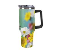 DWTJKMS Spring Butterfly - Bicchiere in acciaio inox da 1,18 l, a prova di perdite, grande capacità, con manico, cannuccia a doppia parete, isolamento sottovuoto, riutilizzabile, mantiene freddo o