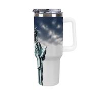 DWTJKMS Statua della Libertà, bicchiere in acciaio inox da 1,18 l, a prova di perdite, grande capacità, con manico, cannuccia a doppia parete, isolamento sottovuoto, riutilizzabile, mantiene freddo o