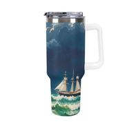 DWTJKMS Stormy Waves - Bicchiere vintage in acciaio inox a forma di barca a vela da 1,18 l, a prova di perdite, grande capacità, con manico, cannuccia a doppia parete, isolamento sottovuoto