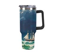 DWTJKMS Stormy Waves - Bicchiere vintage in acciaio inox a forma di barca a vela da 1180 ml, a prova di perdite, grande capacità, con manico, cannuccia a doppia parete, isolamento sottovuoto