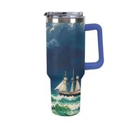 DWTJKMS Stormy Waves - Bicchiere vintage in acciaio inox a forma di barca a vela da 1180 ml, a prova di perdite, grande capacità, con manico, cannuccia a doppia parete, isolamento sottovuoto