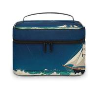 DWTJKMS Stormy Waves, borsa per il trucco vintage a forma di barca a vela, organizer per cosmetici, grande capacità, portatile, da donna, da viaggio, con manico e divisore