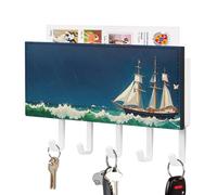 DWTJKMS Stormy Waves - Portachiavi vintage a forma di barca a vela da parete, stile fattoria, con 5 ganci, decorazione da parete, portachiavi da appendere per ingresso o atrio, 18 cm di larghezza x
