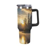DWTJKMS Sunrise on The Lake - Bicchiere in acciaio inox da 1,18 l, a prova di perdite, grande capacità, con manico, cannuccia a doppia parete, isolamento sottovuoto, riutilizzabile, mantiene freddo o
