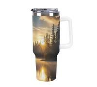 DWTJKMS Sunrise on The Lake - Bicchiere in acciaio inox da 1,18 l, a prova di perdite, grande capacità, con manico, cannuccia a doppia parete, isolamento sottovuoto, riutilizzabile, mantiene freddo o