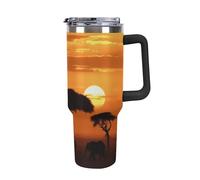 DWTJKMS Sunset African Savanna Bicchiere in acciaio inox da 1,18 l, a prova di perdite, grande capacità, tazza per auto con manico e cannuccia, a doppia parete, riutilizzabile, mantiene freddo o caldo