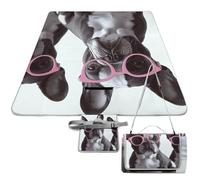DWTJKMS Tappetino da picnic con bulldog francese, con occhiali rosa, pieghevole, impermeabile, con borsa tote grande, tappetino da picnic all'aperto, 147,3 x 147,3 cm, coperta da campeggio per