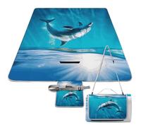DWTJKMS Tappetino da picnic con delfino che nuota nel mare blu, tappetino pieghevole impermeabile con borsa tote grande tappetino da picnic all'aperto 147,3 x 147,3 cm coperta da campeggio per