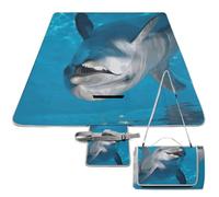 DWTJKMS Tappetino da picnic con delfino con un sorriso, tappetino pieghevole impermeabile con borsa tote grande tappetino da picnic all'aperto 147,3 x 147,3 cm coperta da campeggio per spiaggia, parco
