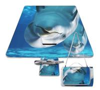 DWTJKMS Tappetino da picnic con delfino con un sorriso, tappetino pieghevole impermeabile con borsa tote grande tappetino da picnic all'aperto 147,3 x 147,3 cm coperta da campeggio per spiaggia, parco